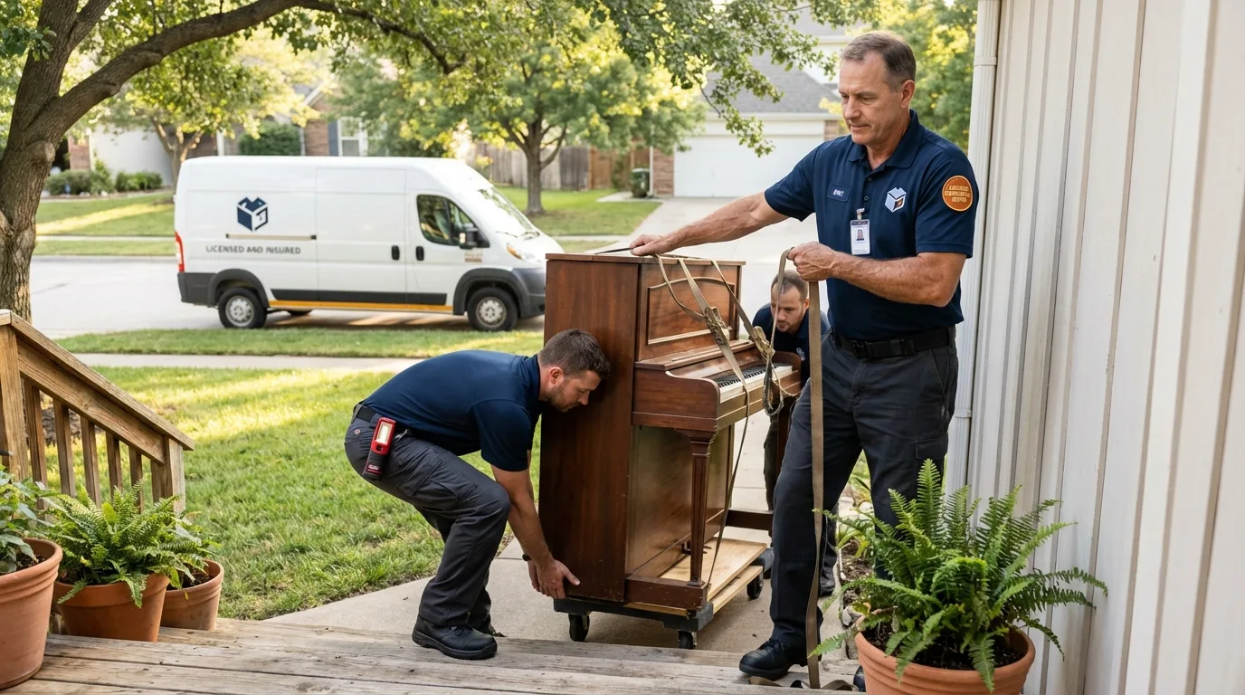 Licensed piano movers securing grand piano in Lowell, MI