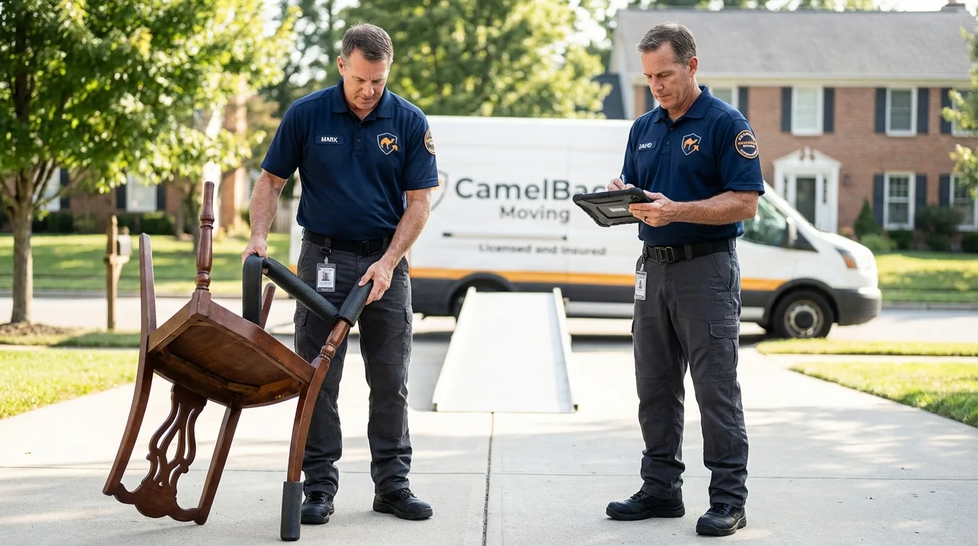 Movers inspecting furniture for damage prevention before loading in Lowell, MI